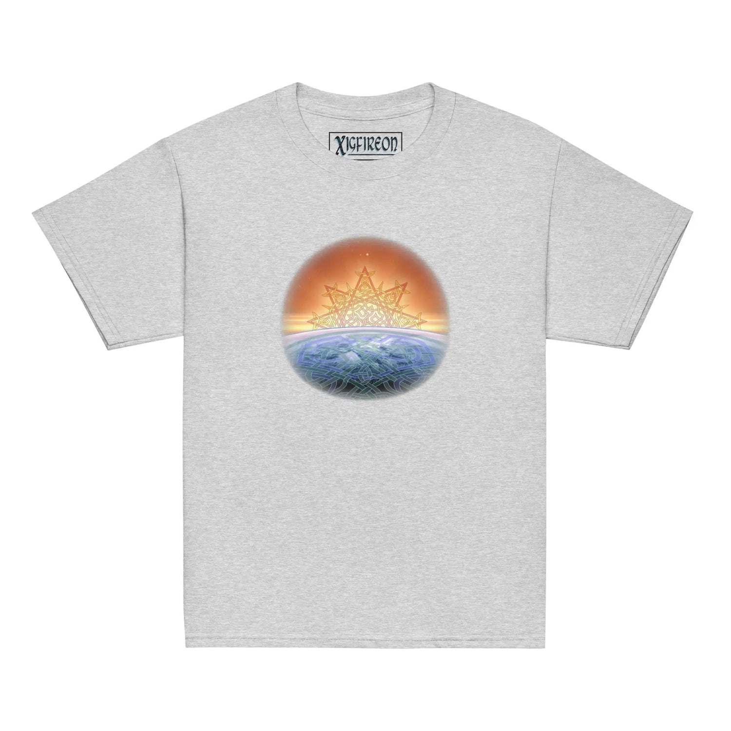 A sport grey Xigfireon kids graphic t-shirt featuring the `Derivation II` Celtic knot merger design symbolizing the Sun and the Earth in their cosmic dance.