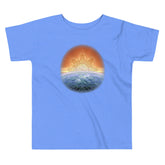 A heather Columbia blue Xigfireon toddler graphic t-shirt featuring the `Derivation II` Celtic knot merger design symbolizing the Sun and the Earth in their cosmic dance.