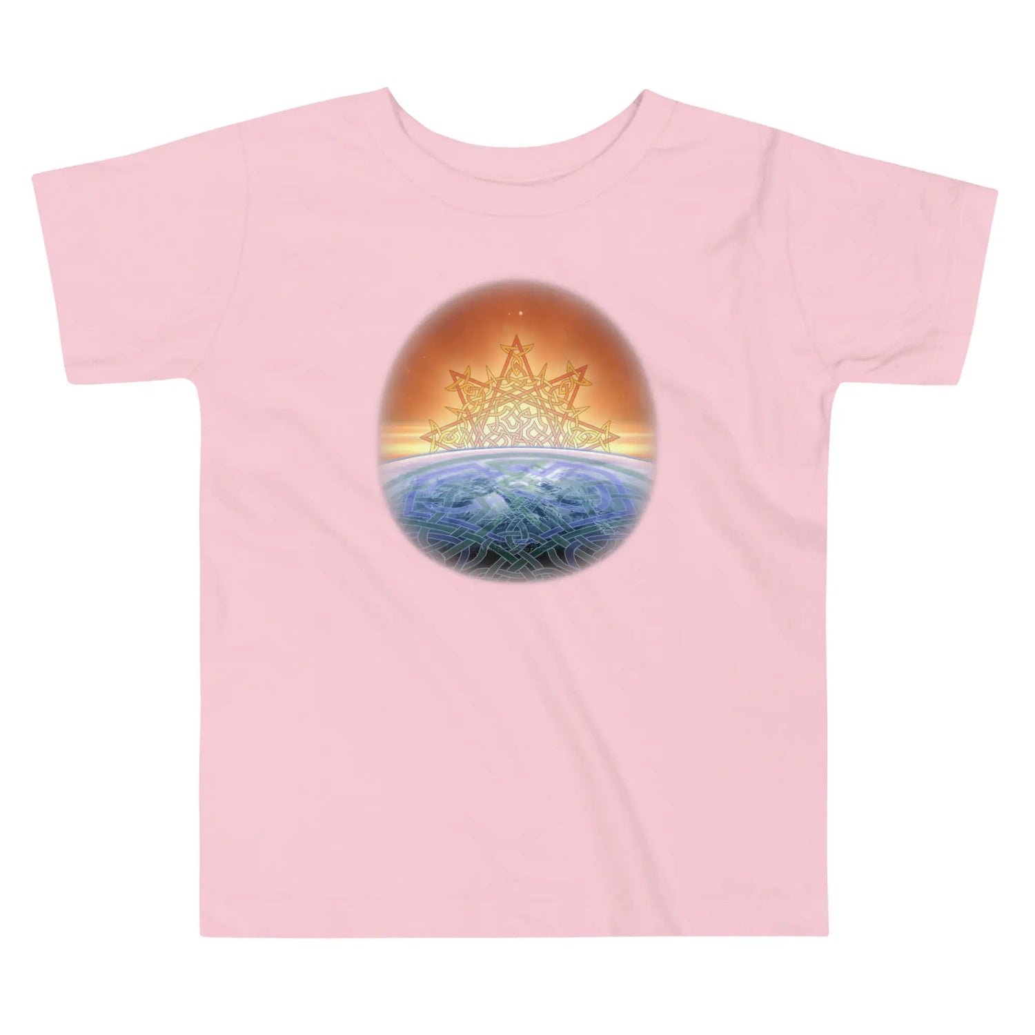 A pink Xigfireon toddler graphic t-shirt featuring the `Derivation II` Celtic knot merger design symbolizing the Sun and the Earth in their cosmic dance.