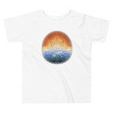 A white Xigfireon toddler graphic t-shirt featuring the `Derivation II` Celtic knot merger design symbolizing the Sun and the Earth in their cosmic dance.