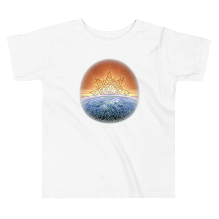 A white Xigfireon toddler graphic t-shirt featuring the `Derivation II` Celtic knot merger design symbolizing the Sun and the Earth in their cosmic dance.