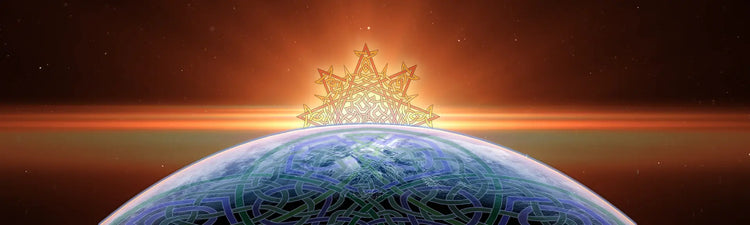 The `Morning Star Fire` and `Reach Of The Spirit` Celtic knots represent the celestial bodies of the Sun and Earth and their cosmic dance, from which life as we know it is derived.