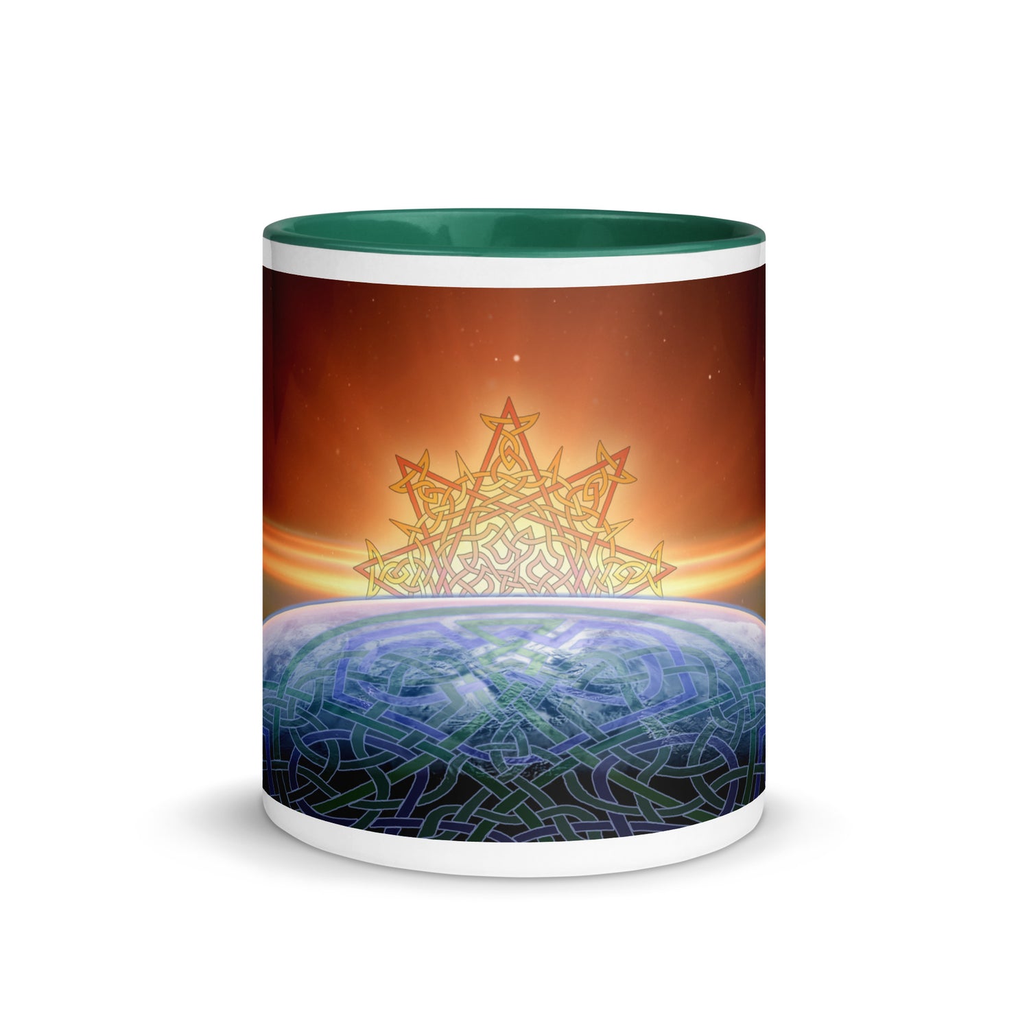 An 11oz Xigfireon ceramic graphic mug with dark green color inside featuring the `Derivation II` Celtic knots merger design.