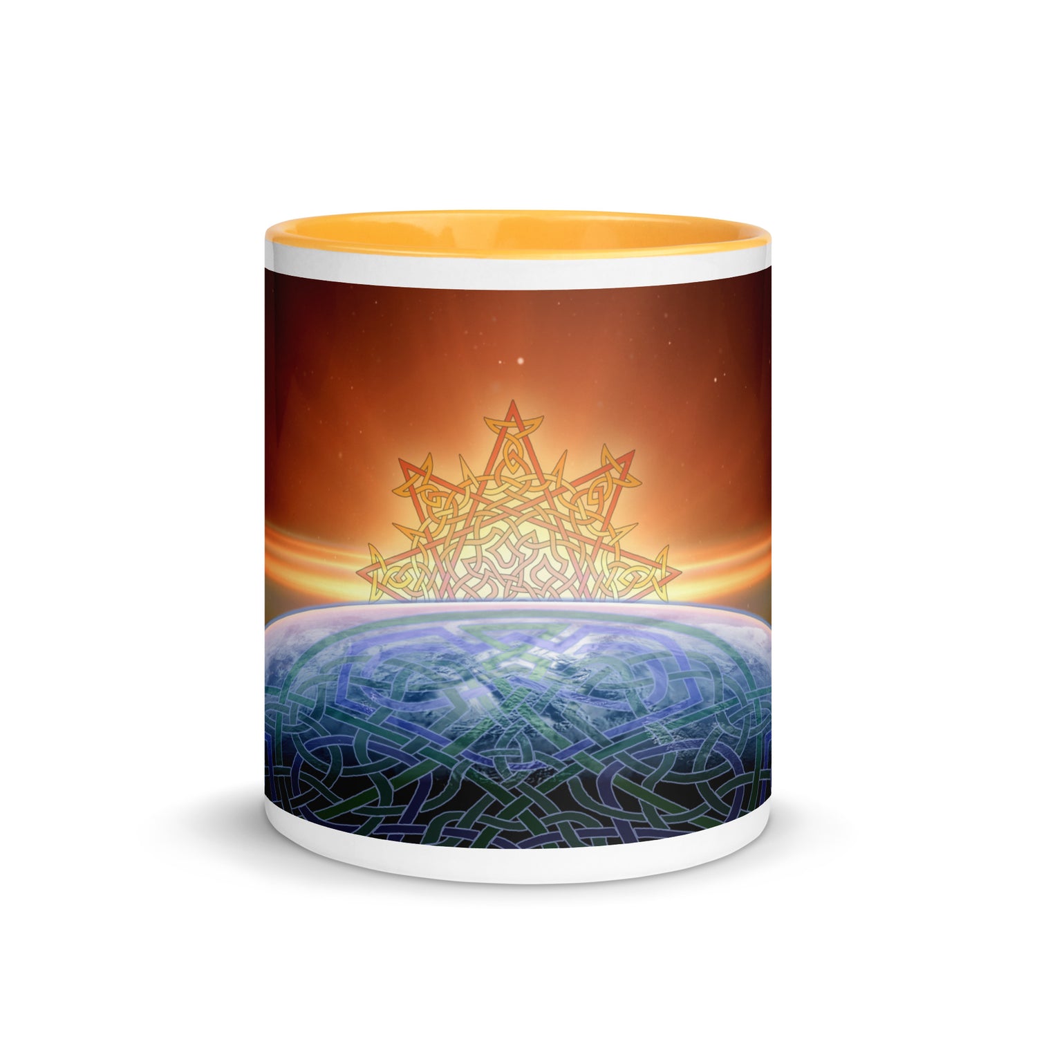 An 11oz Xigfireon ceramic graphic mug with golden yellow color inside featuring the `Derivation II` Celtic knots merger design.