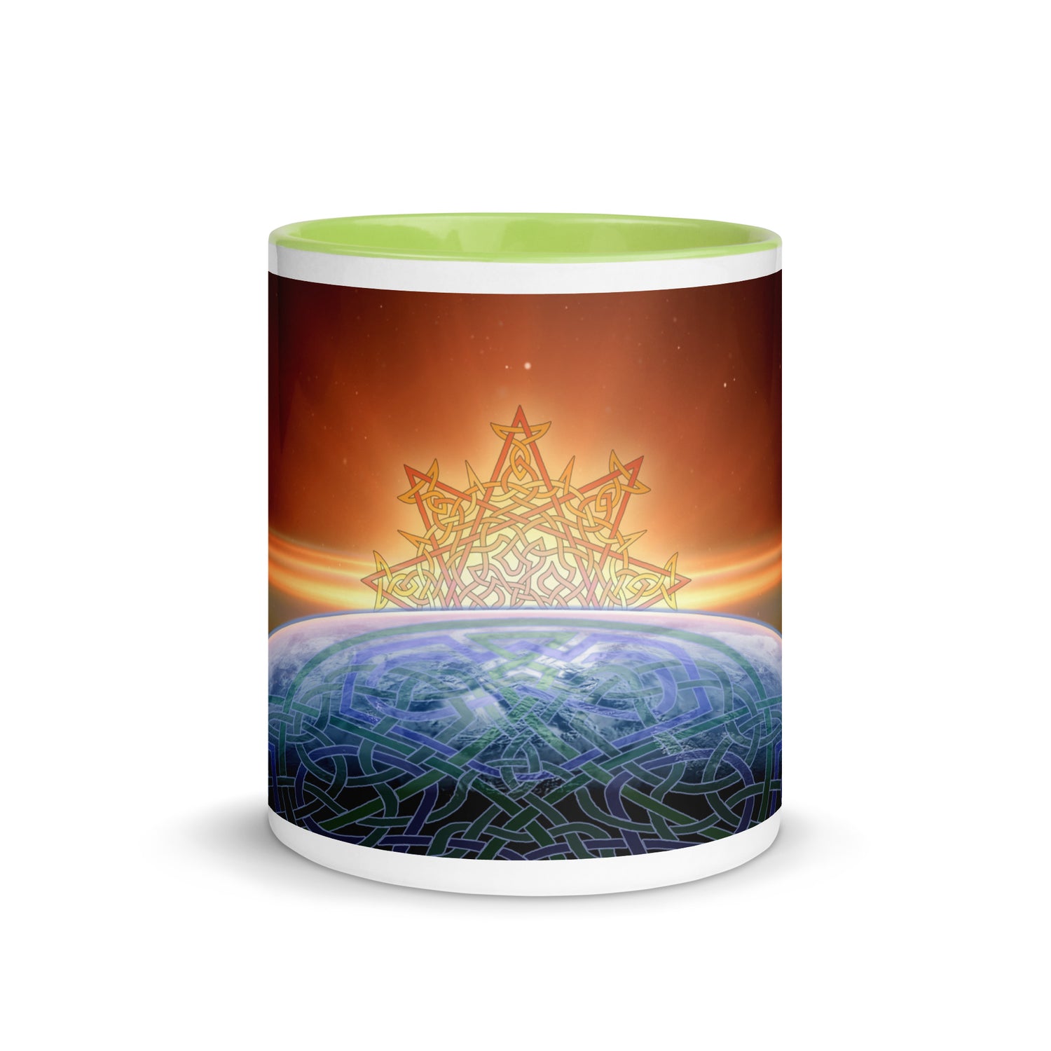 An 11oz Xigfireon ceramic graphic mug with green color inside featuring the `Derivation II` Celtic knots merger design.