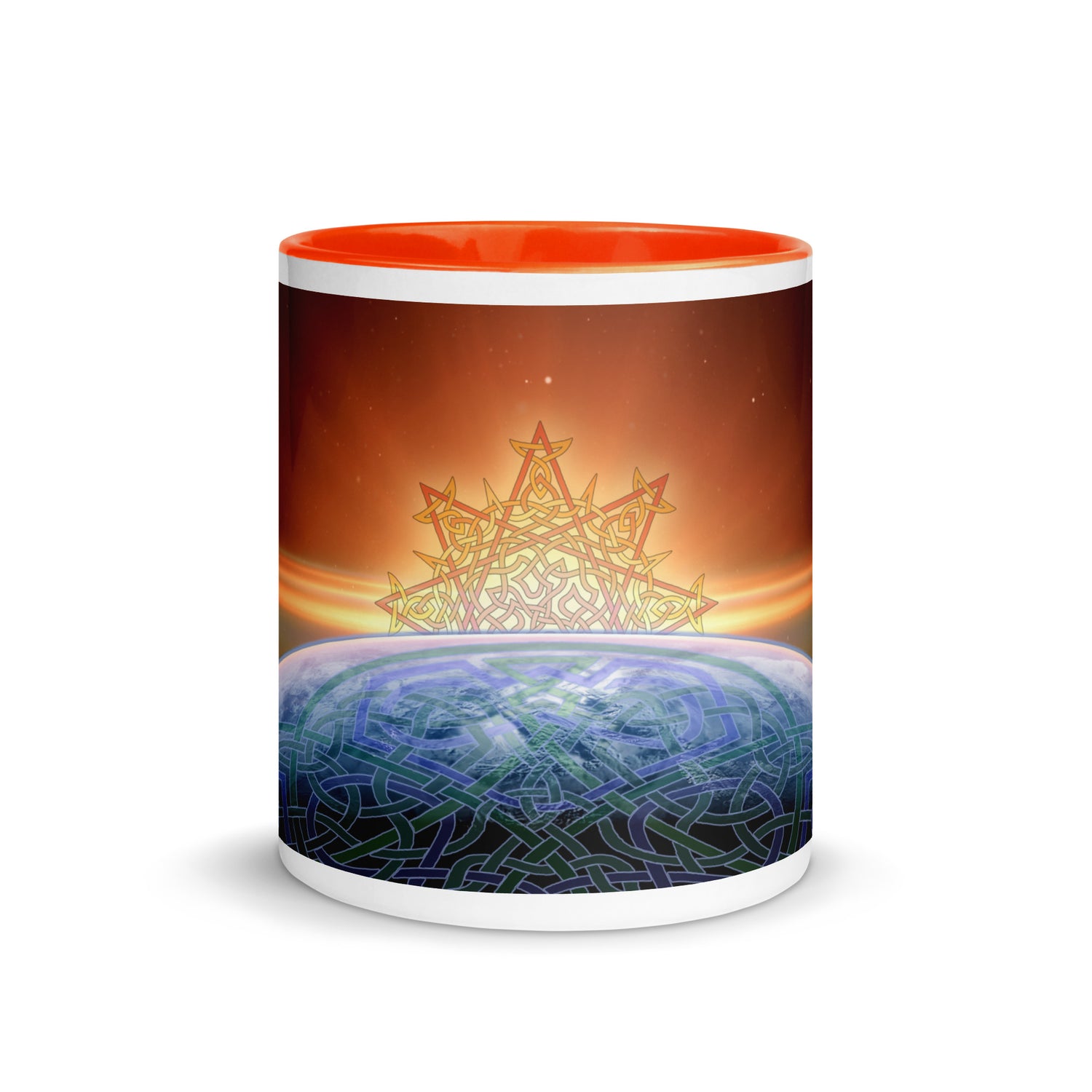 An 11oz Xigfireon ceramic graphic mug with orange color inside featuring the `Derivation II` Celtic knots merger design.