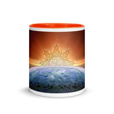 An 11oz Xigfireon ceramic graphic mug with orange color inside featuring the `Derivation II` Celtic knots merger design.