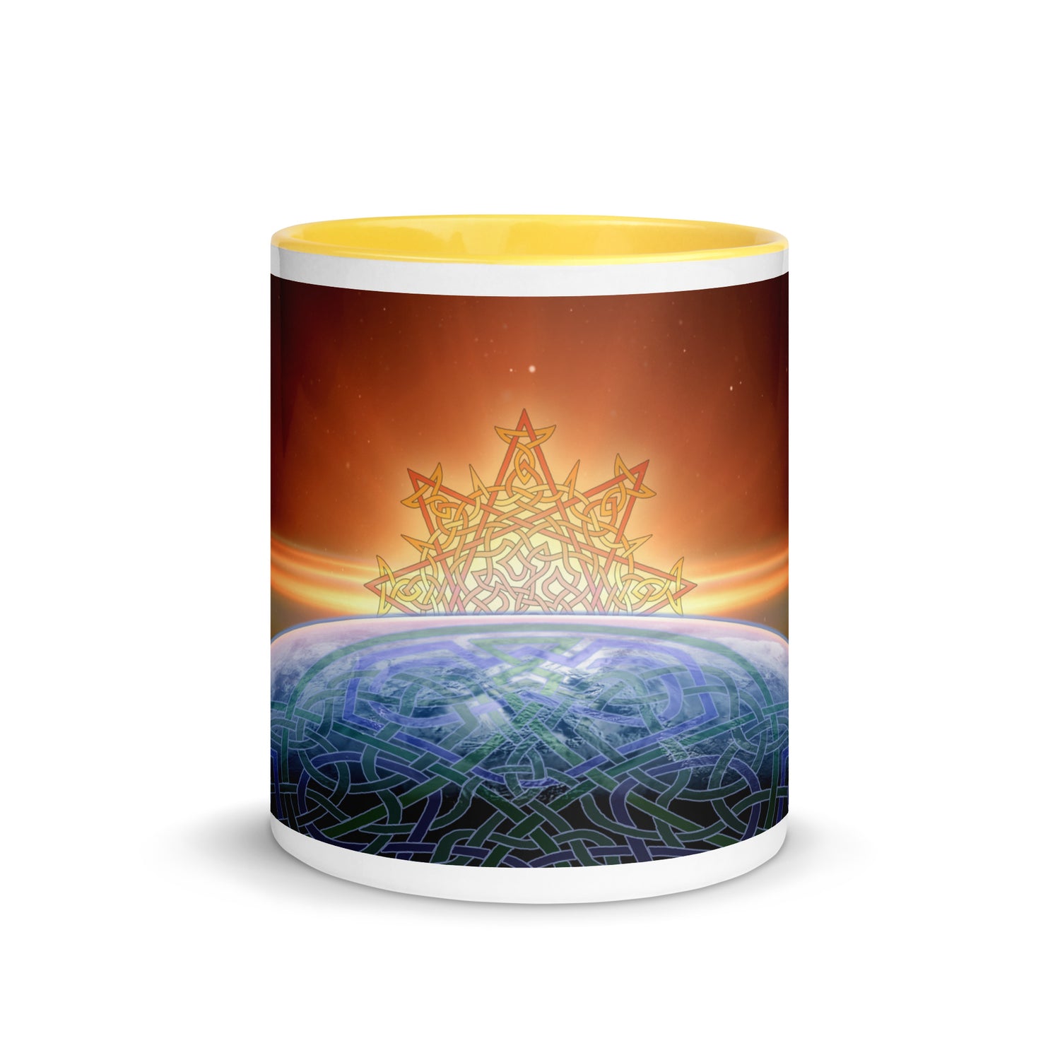 An 11oz Xigfireon ceramic graphic mug with yellow color inside featuring the `Derivation II` Celtic knots merger design.