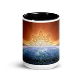 A 15oz Xigfireon ceramic graphic mug with black color inside featuring the `Derivation II` Celtic knots merger design.