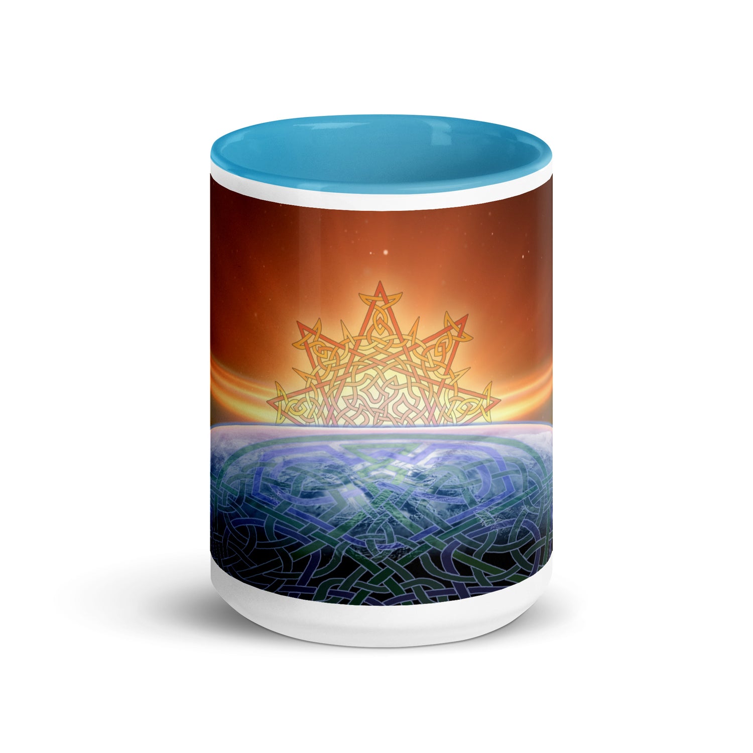 A 15oz Xigfireon ceramic graphic mug with blue color inside featuring the `Derivation II` Celtic knots merger design.