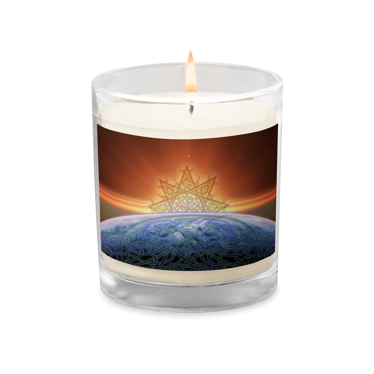 A glass jar soy wax candle featuring the `Derivation II` Celtic knots merger design.