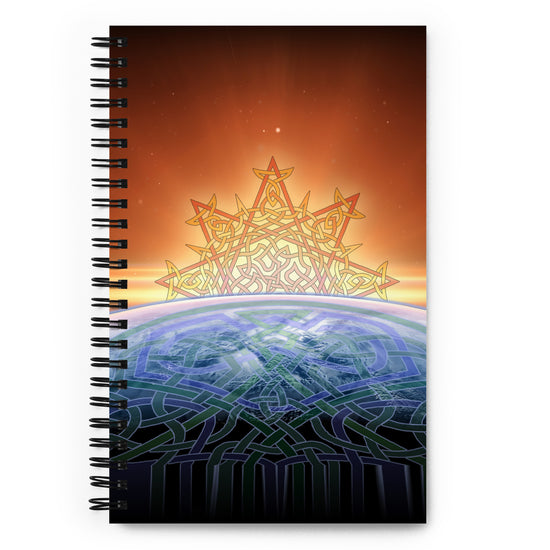 The front side of a Xigfireon graphic spiral notebook featuring the `Derivation II` Celtic knots merger design.