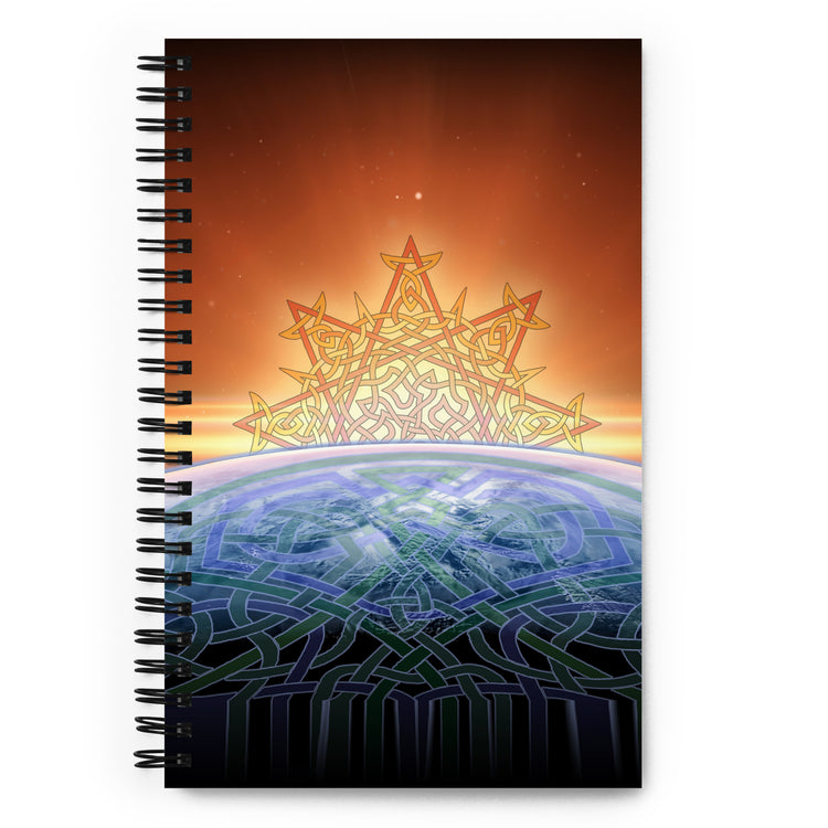 The front side of a Xigfireon graphic spiral notebook featuring the `Derivation II` Celtic knots merger design.