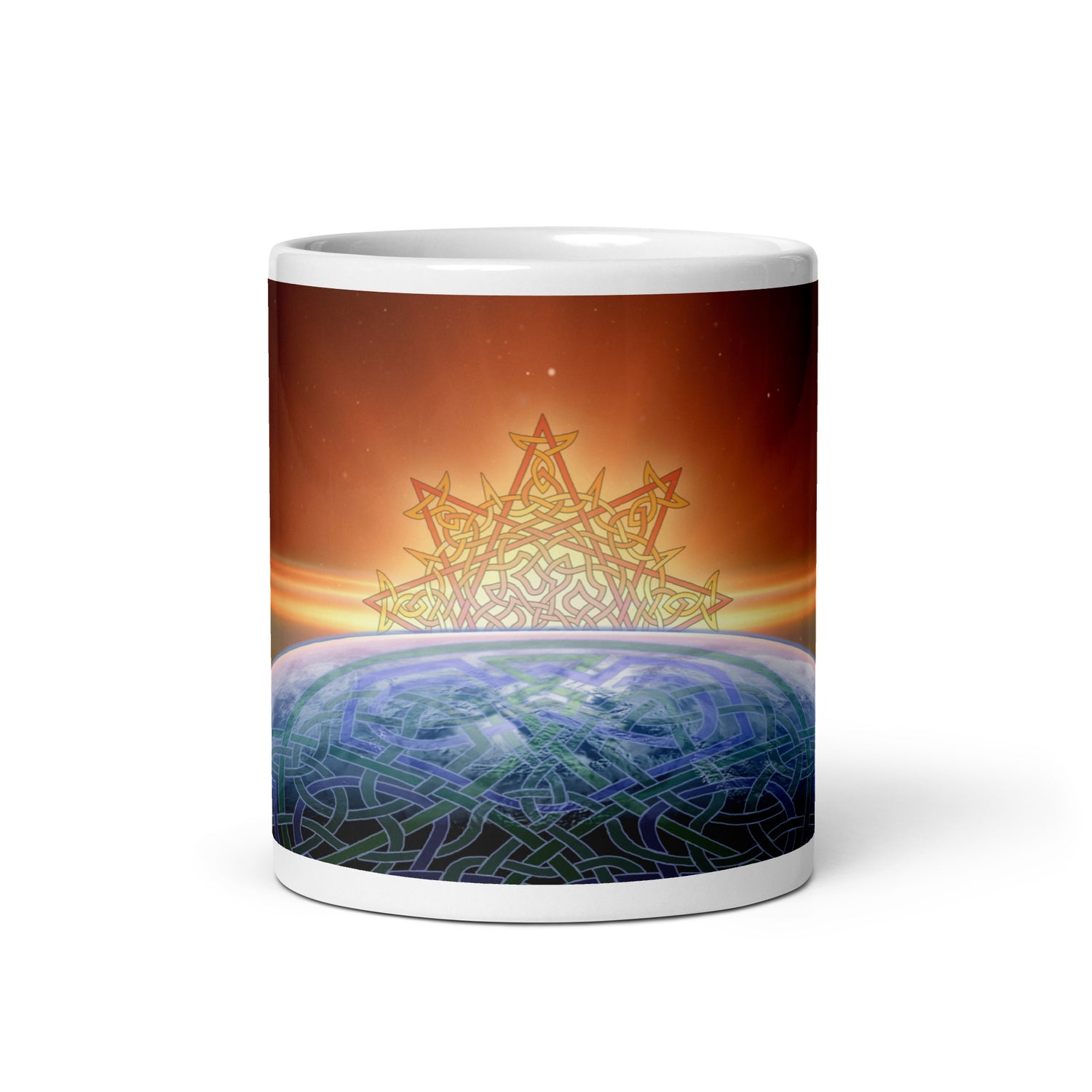 An 11oz Xigfireon white glossy graphic mug featuring the `Derivation II` Celtic knots merger design.