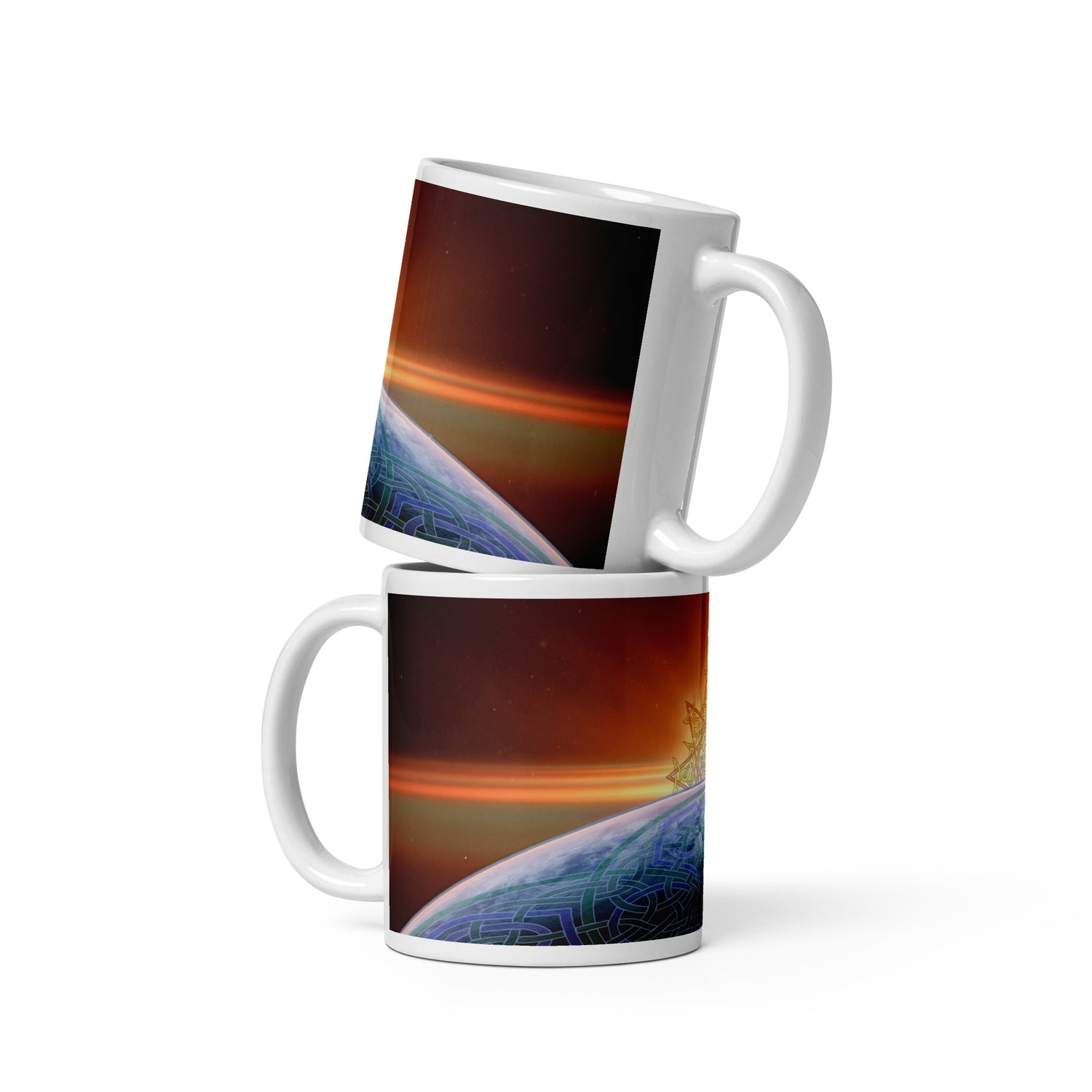 Two 11oz Xigfireon white glossy graphic mugs, stacked one on the other, each featuring the `Derivation II` Celtic knots merger design.