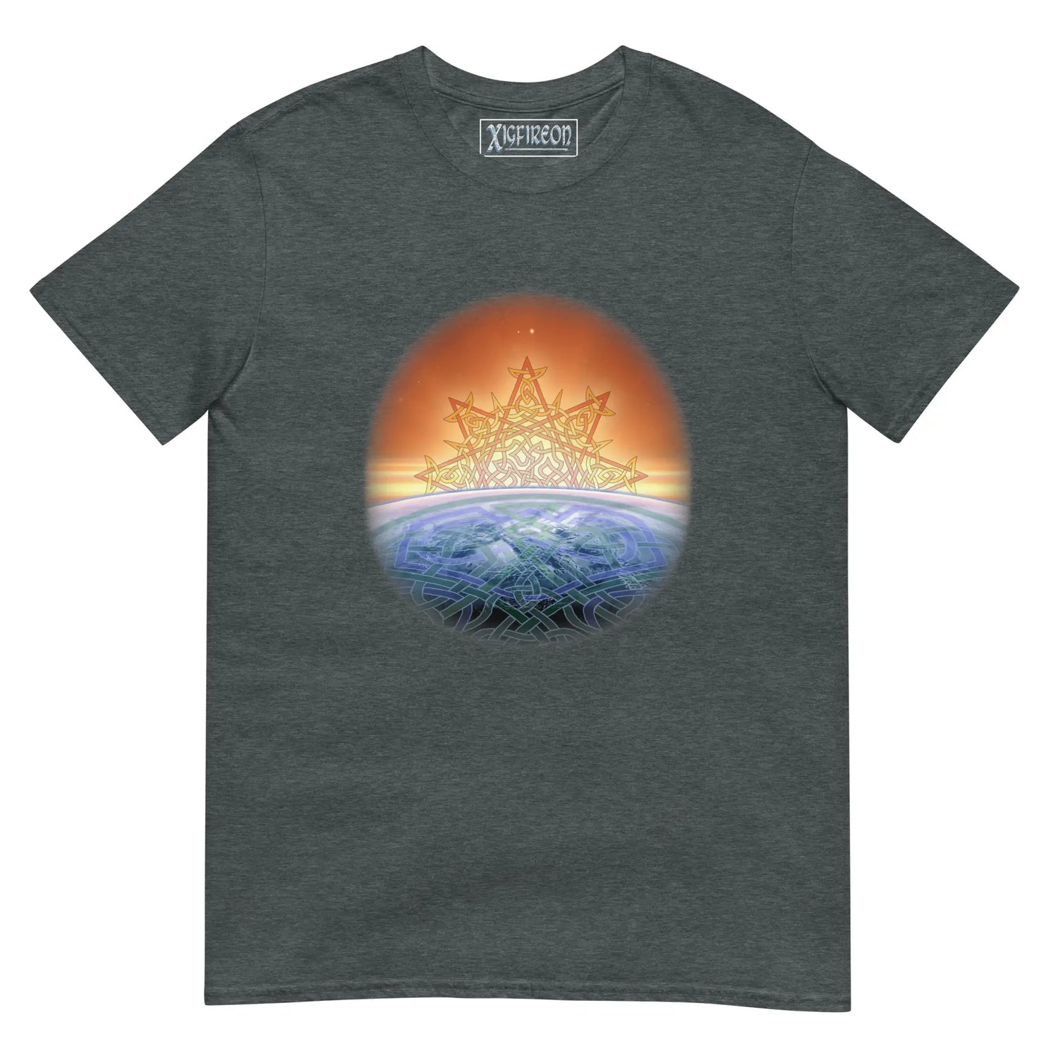 A dark heather Xigfireon t-shirt featuring the `Derivation II` Celtic knots merger design, symbolizing the cosmic dance between the Sun and the Earth.