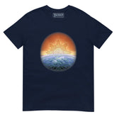 A blue Xigfireon graphic tee featuring the `Derivation II` Celtic knots merger design, symbolizing the cosmic dance between the Sun and the Earth.