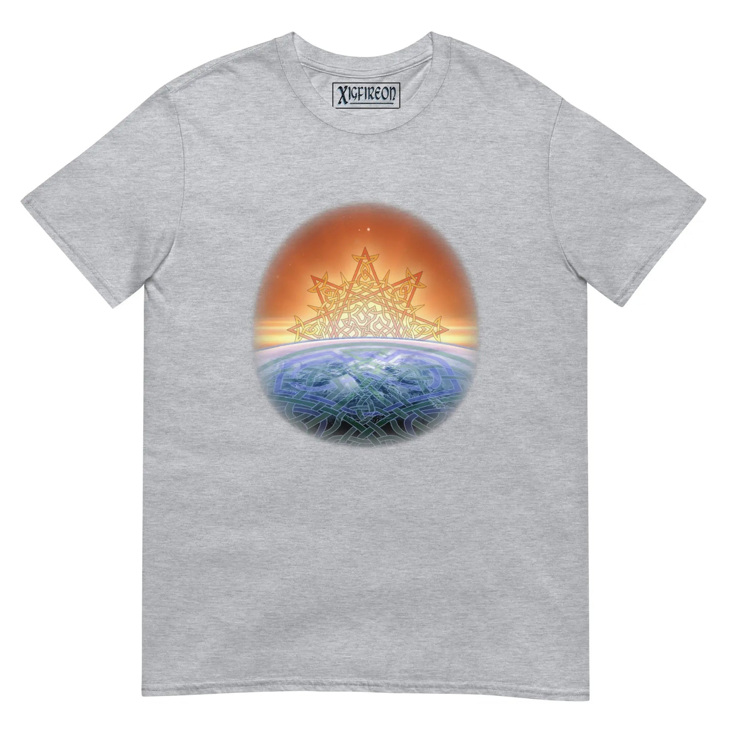 A sport grey Xigfireon t-shirt featuring the `Derivation II` Celtic knots merger design, symbolizing the cosmic dance between the Sun and the Earth.