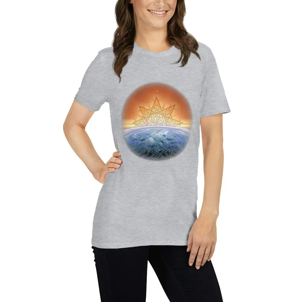 A young woman wearing a sport grey Xigfireon t-shirt featuring the `Derivation II` Celtic knots merger design, symbolizing the cosmic dance between the Sun and the Earth.