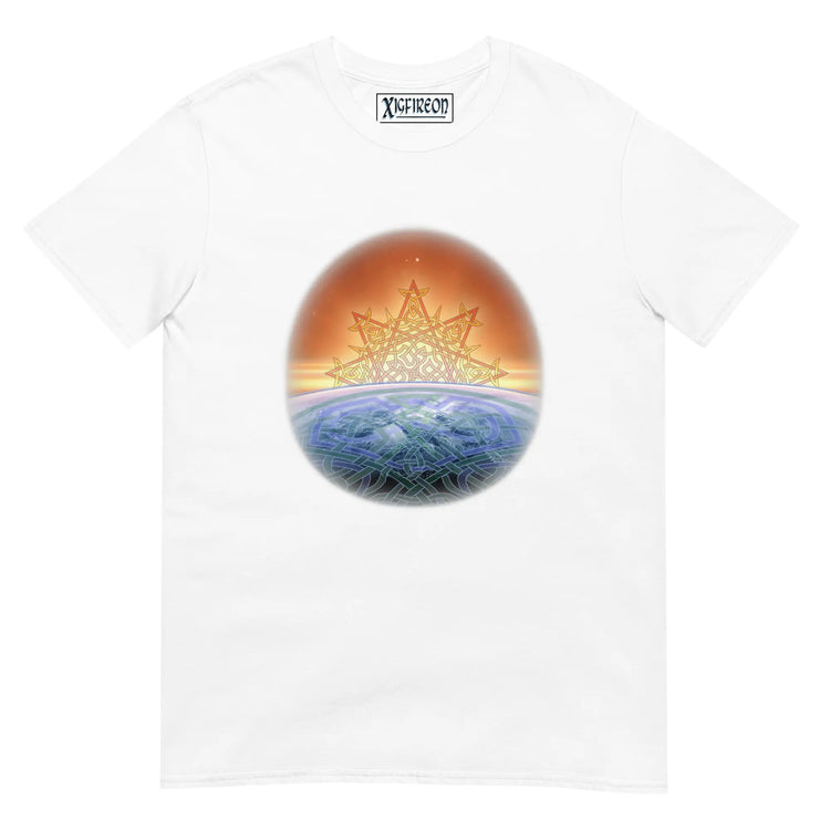 A white Xigfireon t-shirt featuring the `Derivation II` Celtic knots merger design, symbolizing the cosmic dance between the Sun and the Earth.