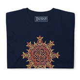 A folded navy blue Xigfireon graphic t-shirt featuring the Fire Colour iteration of the `Morning Star Fire` Celtic knot design. The `Morning Star Fire` Celtic knot symbolizes the Sun.