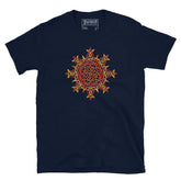 A navy blue Xigfireon graphic t-shirt featuring the Fire Colour iteration of the `Morning Star Fire` Celtic knot design. The `Morning Star Fire` Celtic knot symbolizes the Sun.