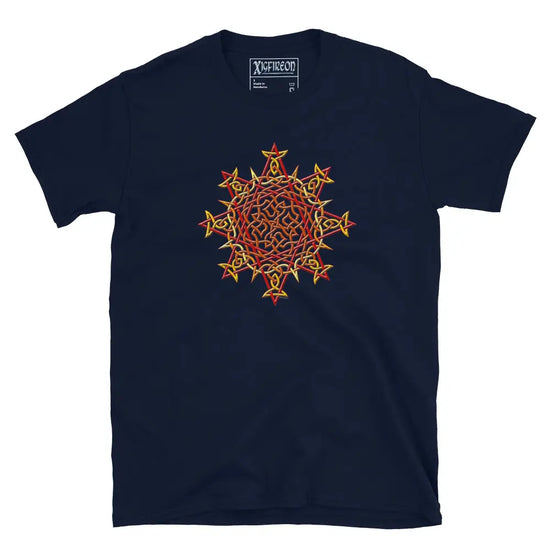 A navy blue Xigfireon graphic t-shirt featuring the Fire Colour iteration of the `Morning Star Fire` Celtic knot design. The `Morning Star Fire` Celtic knot symbolizes the Sun.