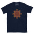 A navy blue Xigfireon graphic t-shirt featuring the Fire Colour iteration of the `Morning Star Fire` Celtic knot design. The `Morning Star Fire` Celtic knot symbolizes the Sun.