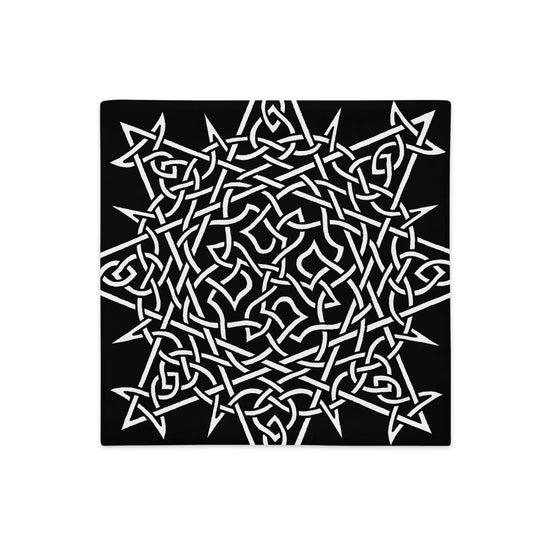 The front side of an 18 inch by 18 inch Xigfireon pillowcase featuring the Black & White Súmáilte iteration of the `Morning Star Fire` Celtic knot design. The `Morning Star Fire` Celtic knot represents Father Sun.