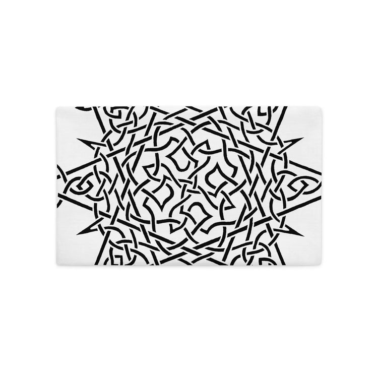 The back side of an 20 inch by 12 inch Xigfireon pillowcase featuring the inverted Black & White Súmáilte iteration of the `Morning Star Fire` Celtic knot design. The `Morning Star Fire` Celtic knot is a Sun symbol.