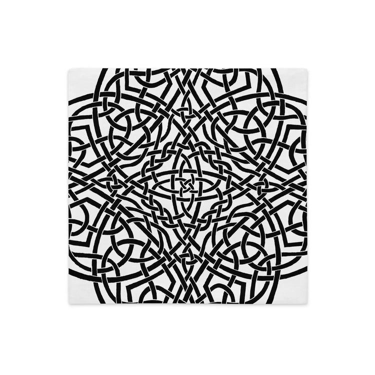 The back side of an 18 inch by 18 inch Xigfireon pillowcase featuring the inverted Black & White Súmáilte iteration of the `Reach Of The Spirit` Celtic knot design. The `Reach Of The Spirit` Celtic knot symbolizes Mother Earth.