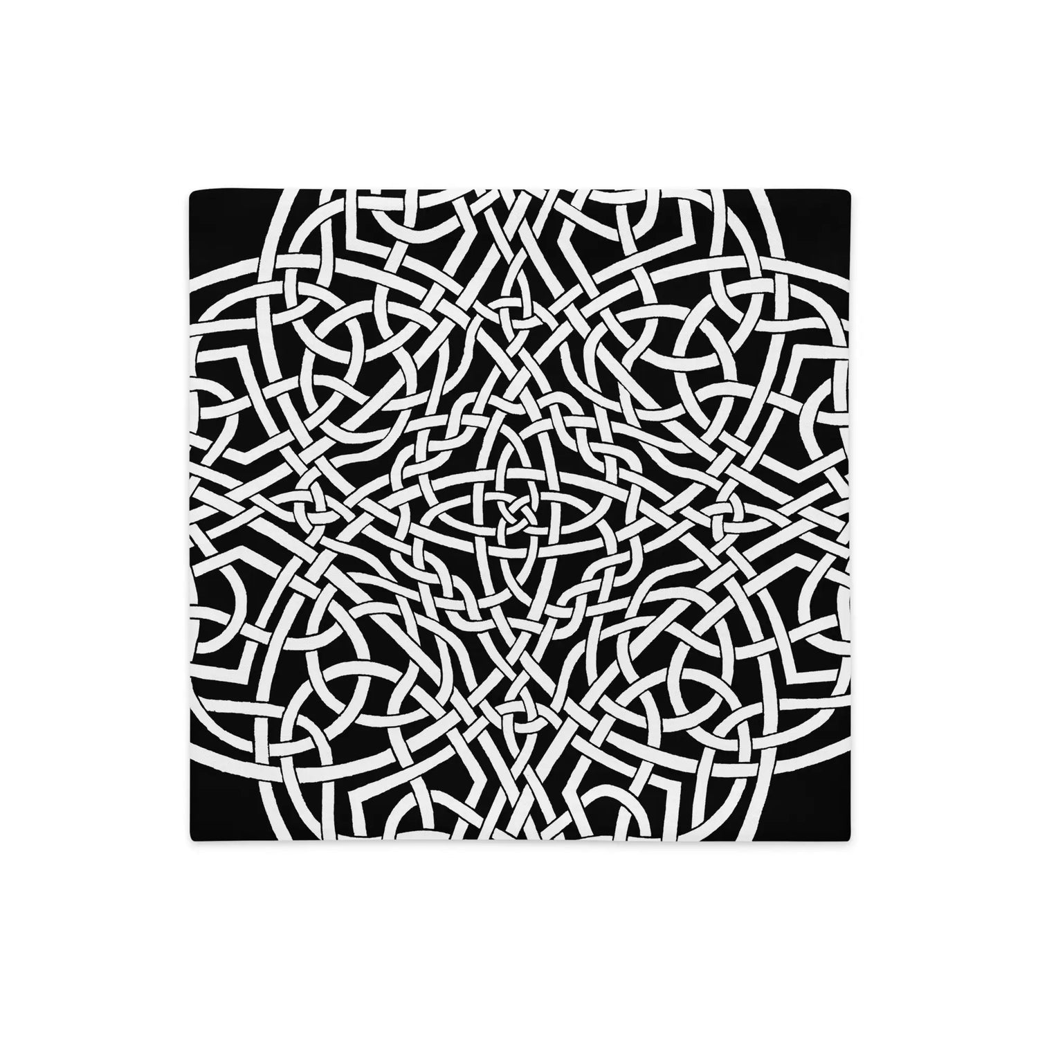 The front side of an 18 inch by 18 inch Xigfireon pillowcase featuring the Black & White Súmáilte iteration of the `Reach Of The Spirit` Celtic knot design. The `Reach Of The Spirit` Celtic knot represents Mother Earth.