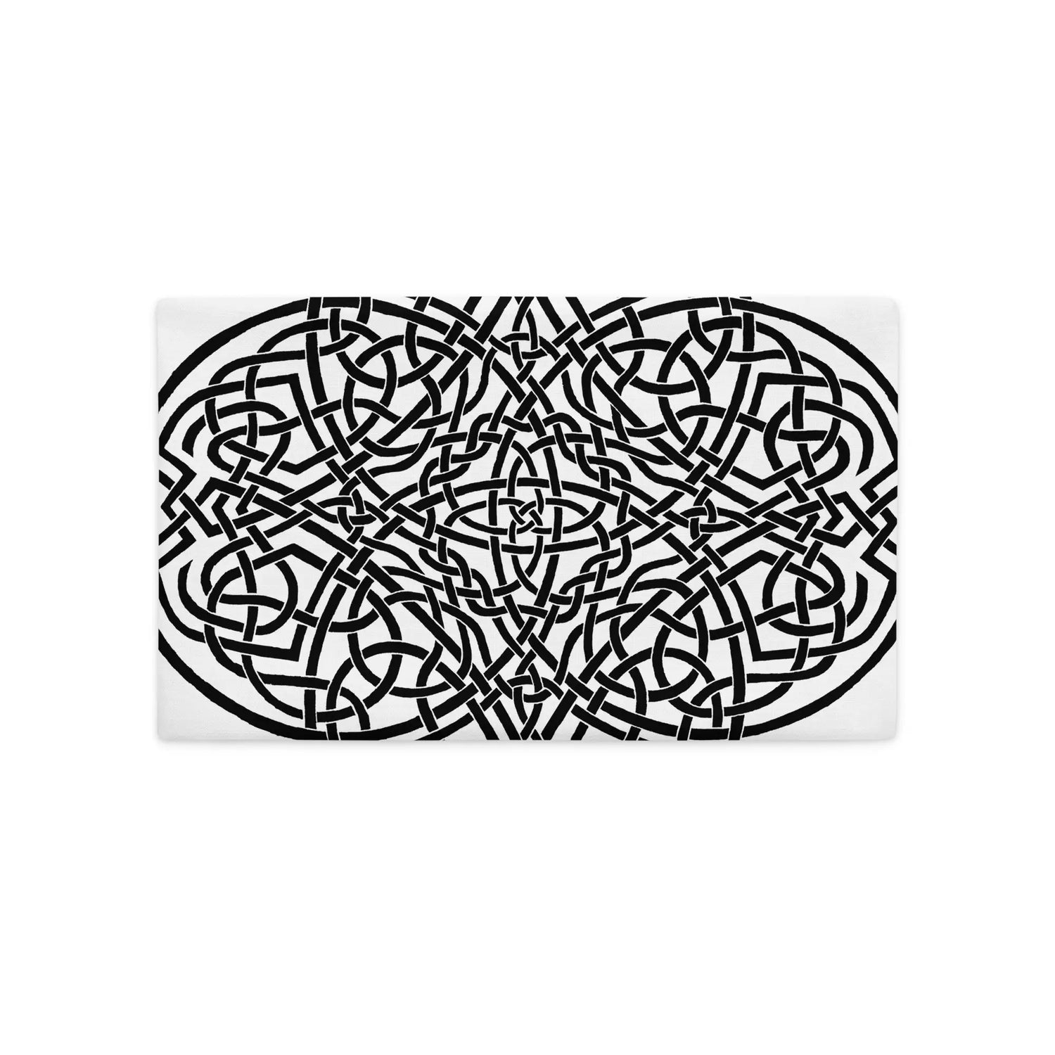 The back side of a 20 inch by 12 inch Xigfireon pillowcase featuring the inverted Black & White Súmáilte iteration of the `Reach Of The Spirit` Celtic knot design. The `Reach Of The Spirit` Celtic knot is an Earth symbol.