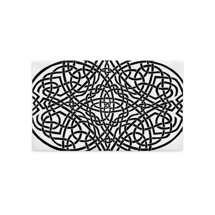 The back side of a 20 inch by 12 inch Xigfireon pillowcase featuring the inverted Black & White Súmáilte iteration of the `Reach Of The Spirit` Celtic knot design. The `Reach Of The Spirit` Celtic knot is an Earth symbol.