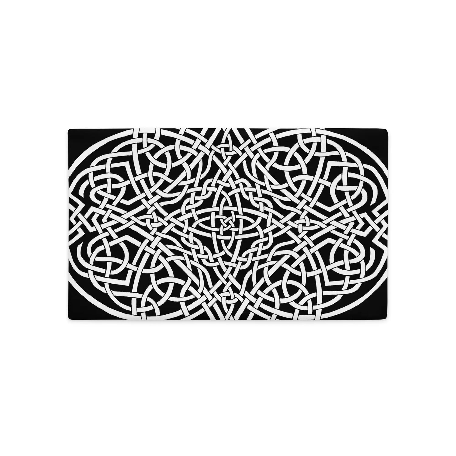 The front side of a 20 inch by 12 inch Xigfireon pillowcase featuring the Black & White Súmáilte iteration of the `Reach Of The Spirit` Celtic knot design. The `Reach Of The Spirit` Celtic knot represents Mother Earth.