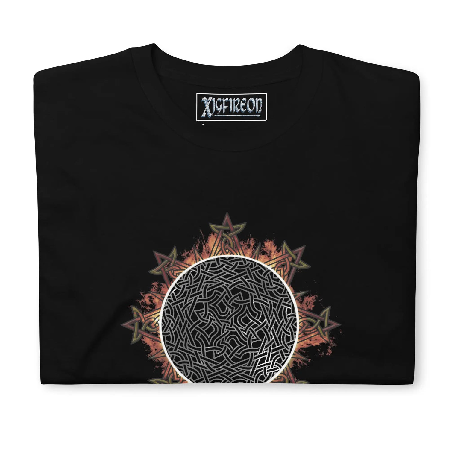 A folded classic black Xigfireon graphic tee featuring the Eclipsed iteration of the `Morning Star Fire` Celtic knot design, inspired by the Annular Solar Eclipse of 2023.