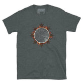 A classic dark heather Xigfireon graphic tee featuring the Eclipsed iteration of the `Morning Star Fire` Celtic knot design, inspired by the Annular Solar Eclipse of 2023.