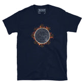 A classic navy blue Xigfireon graphic tee featuring the Eclipsed iteration of the `Morning Star Fire` Celtic knot design, inspired by the Annular Solar Eclipse of 2023.