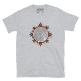 A classic sport grey Xigfireon graphic tee featuring the Eclipsed iteration of the `Morning Star Fire` Celtic knot design, inspired by the Annular Solar Eclipse of 2023.