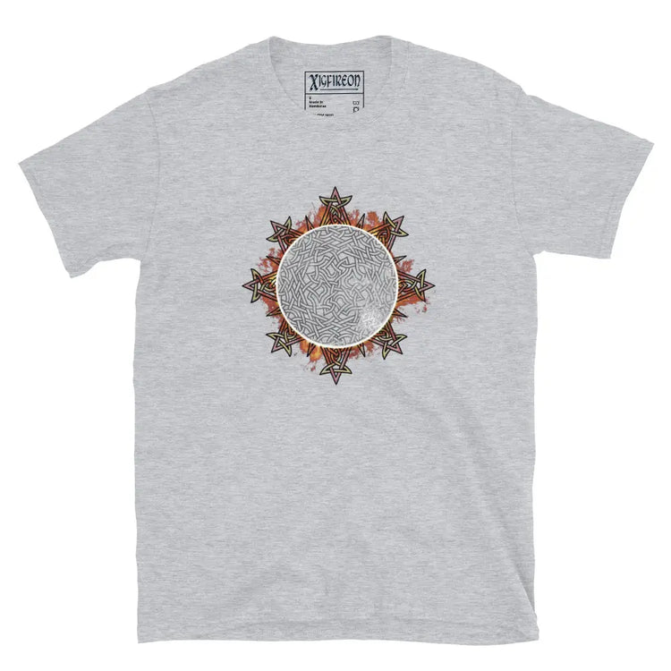 A classic sport grey Xigfireon graphic tee featuring the Eclipsed iteration of the `Morning Star Fire` Celtic knot design, inspired by the Annular Solar Eclipse of 2023.