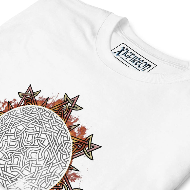 A close-up view of a classic white Xigfireon graphic tee featuring the Eclipsed iteration of the `Morning Star Fire` Celtic knot design, inspired by the Annular Solar Eclipse of 2023.