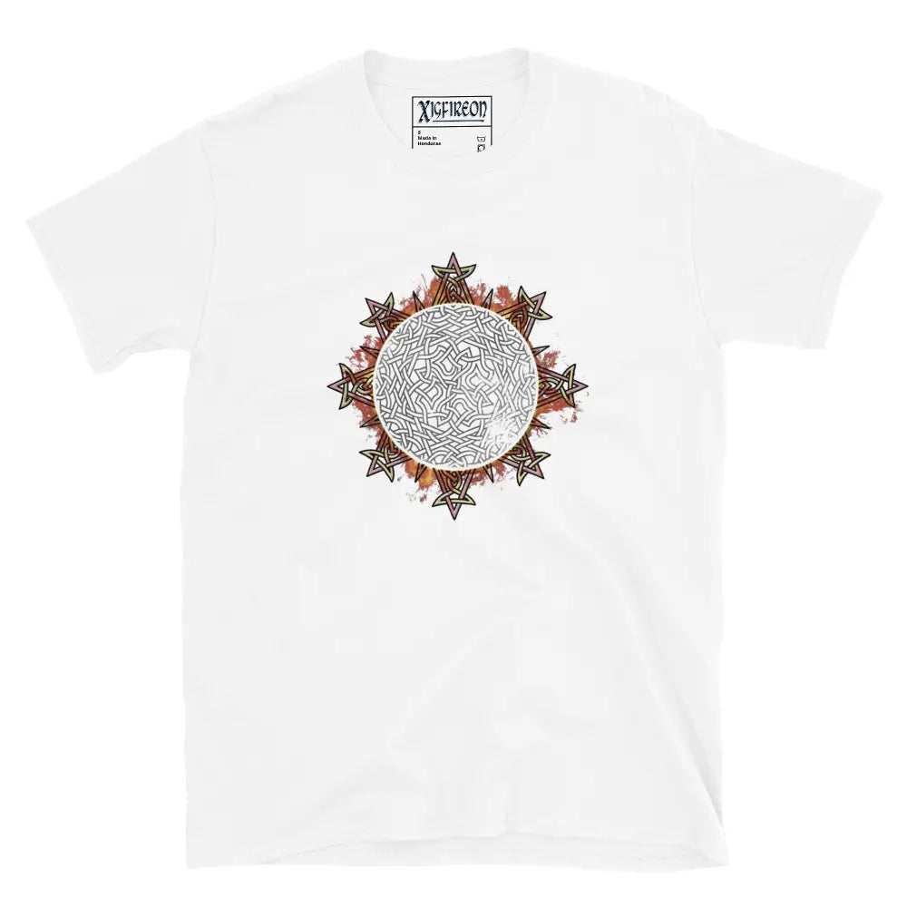 A classic white Xigfireon graphic tee featuring the Eclipsed iteration of the `Morning Star Fire` Celtic knot design, inspired by the Annular Solar Eclipse of 2023.