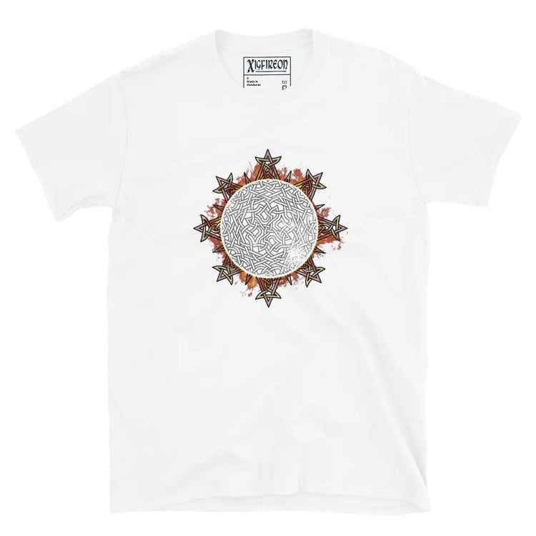 A classic white Xigfireon graphic tee featuring the Eclipsed iteration of the `Morning Star Fire` Celtic knot design, inspired by the Annular Solar Eclipse of 2023.