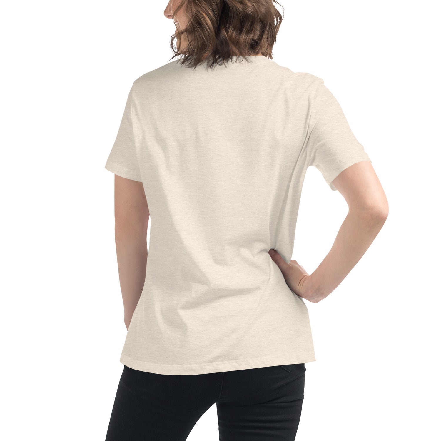 A young woman, viewed from behind, wearing a heather prism natural Xigfireon woman&