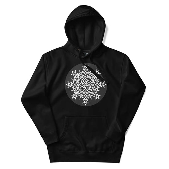 A black Xigfireon graphic hoodie featuring the Black & White Circle iteration of the `Morning Star Fire` Celtic knot design. The `Morning Star Fire` Celtic knot symbolizes the Sun.