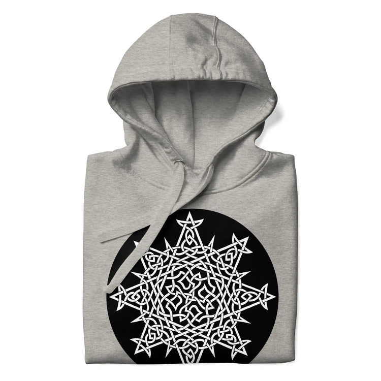 A folded carbon grey Xigfireon graphic hoodie featuring the Black & White Circle iteration of the `Morning Star Fire` Celtic knot design. This Celtic knot symbolizes the Sun.