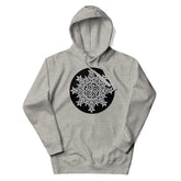 A carbon grey Xigfireon graphic hoodie featuring the Black & White Circle iteration of the `Morning Star Fire` Celtic knot design. The `Morning Star Fire` Celtic knot symbolizes the Sun.