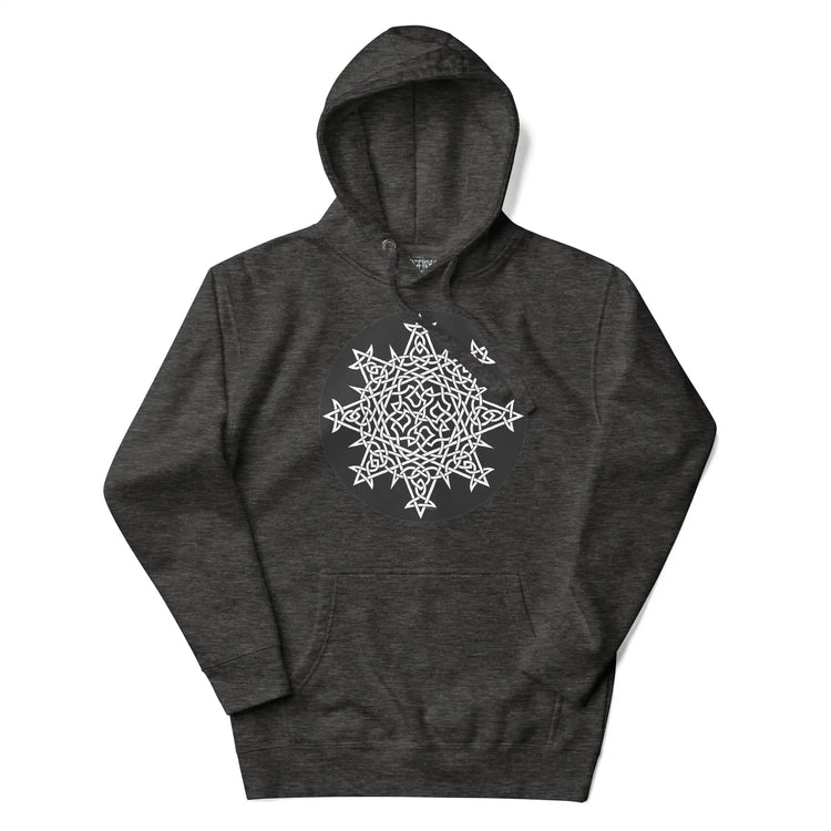 A charcoal heather Xigfireon graphic hoodie featuring the Black & White Circle iteration of the `Morning Star Fire` Celtic knot design. The `Morning Star Fire` Celtic knot symbolizes the Sun.