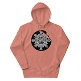 A dusty rose Xigfireon graphic hoodie featuring the Black & White Circle iteration of the `Morning Star Fire` Celtic knot design. The `Morning Star Fire` Celtic knot symbolizes the Sun.