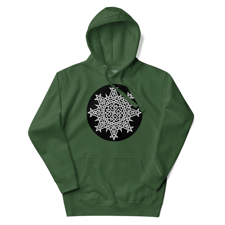 A forest green Xigfireon graphic hoodie featuring the Black & White Circle iteration of the `Morning Star Fire` Celtic knot design. The `Morning Star Fire` Celtic knot symbolizes the Sun.